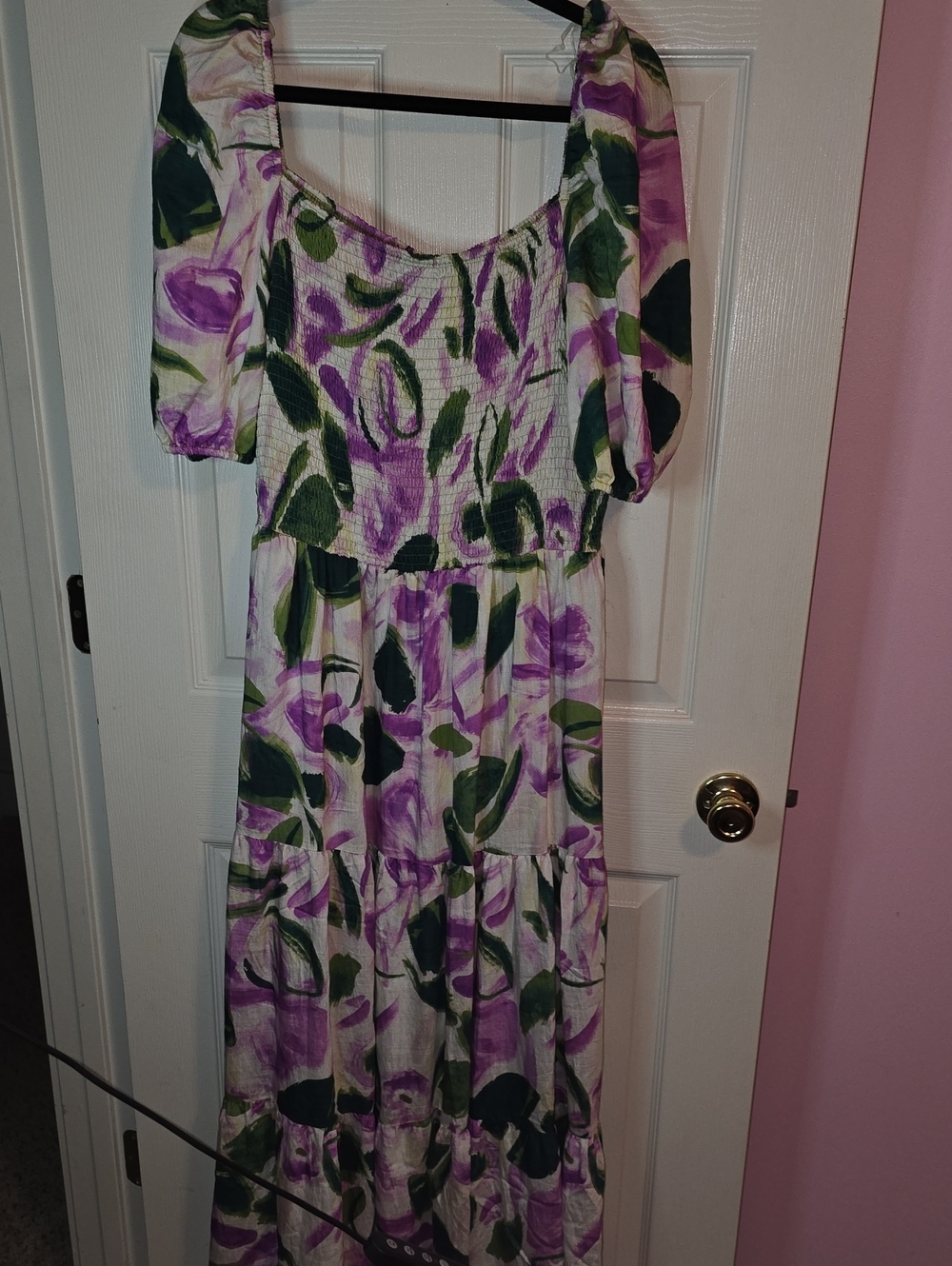 Purple & Green Floral Puff-Sleeve Maxi Dress